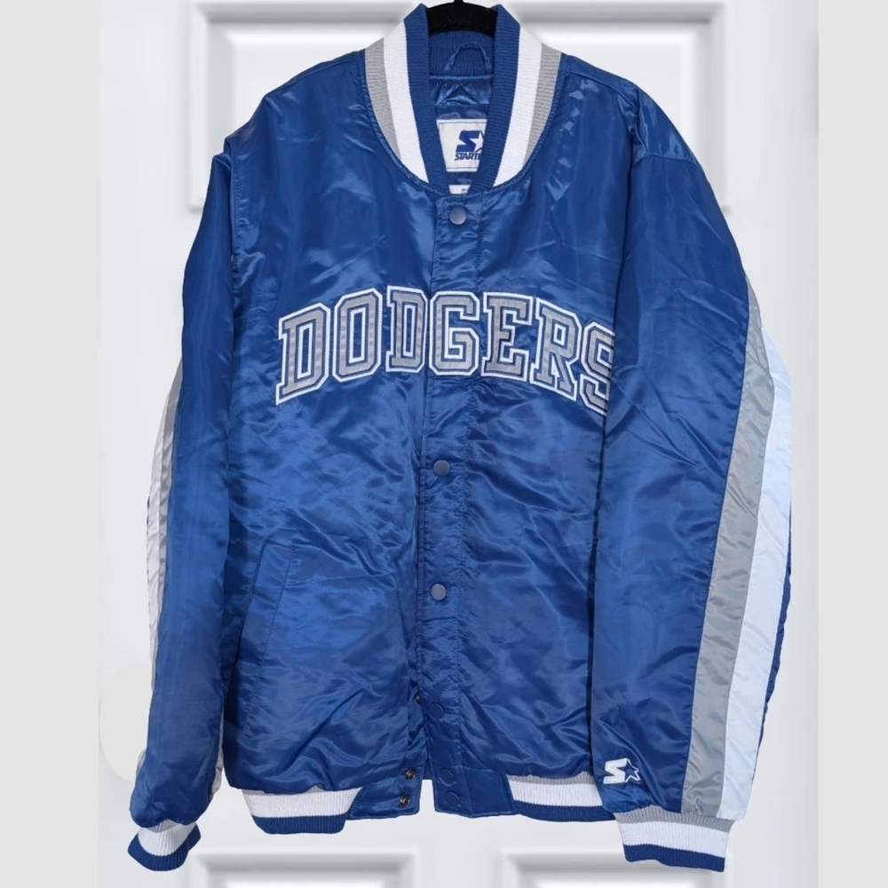 STARTER Los Angeles Dodgers Blue Satin MLB Snap Jacket – Men’s Size L